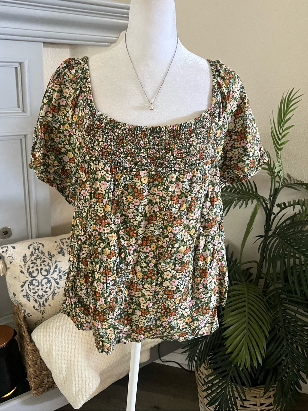Old Navy Cottage Green Floral Smocked Square-Neck Blouse